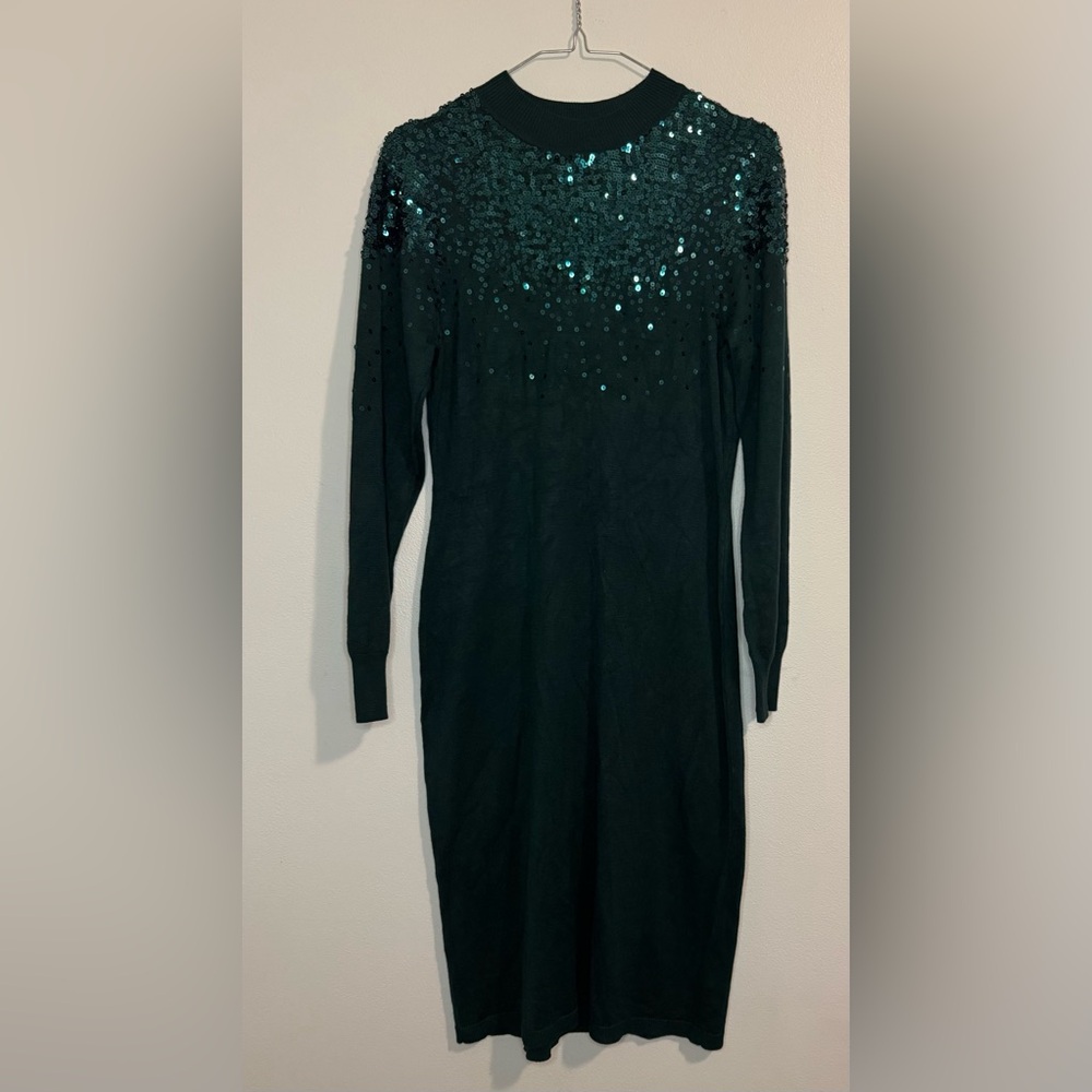 Nina Leonard Dark Green Sequin Long Sleeve Dress NWOT